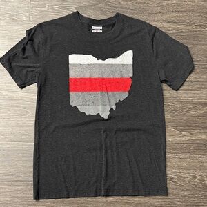 Black Graphic Tee with Red and Gray Stripes